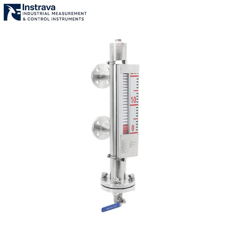 Close-up of a magnetic float level gauge indicator featuring clear centimeter-scale and a corrosion-resistant stainless steel body.