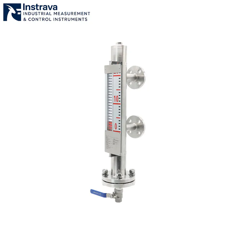 เกจวัดระดับแบบติดตั้งด้านข้างด้วยแม่เหล็กแบบพลิก พร้อมวาล์วระบายด้านล่างและหน้าแปลนอุตสาหกรรมมาตรฐาน.