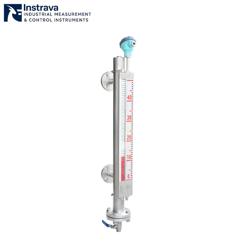 Industrial magnetic flip-column level gauge featuring red and yellow bi-color magnetic flags and side-mounted stainless steel flanges.