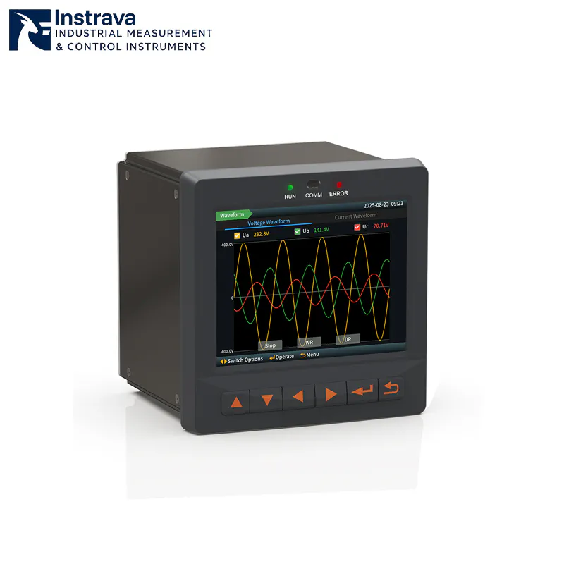 Side view of a 3-phase power quality analyzer, showcasing real-time three-phase voltage waveform acquisition and LCD display.