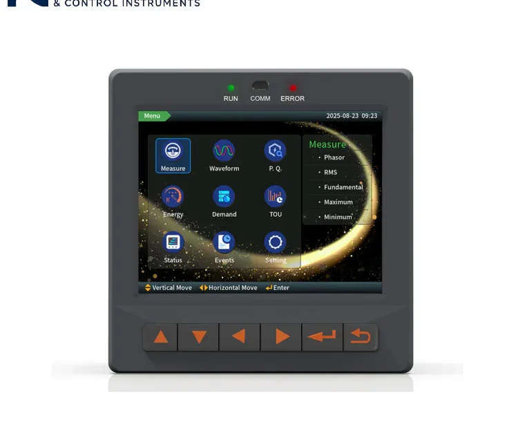 Main menu interface of a fully digital power quality analyzer, including measurement, waveform, energy efficiency, and event logging modules.
