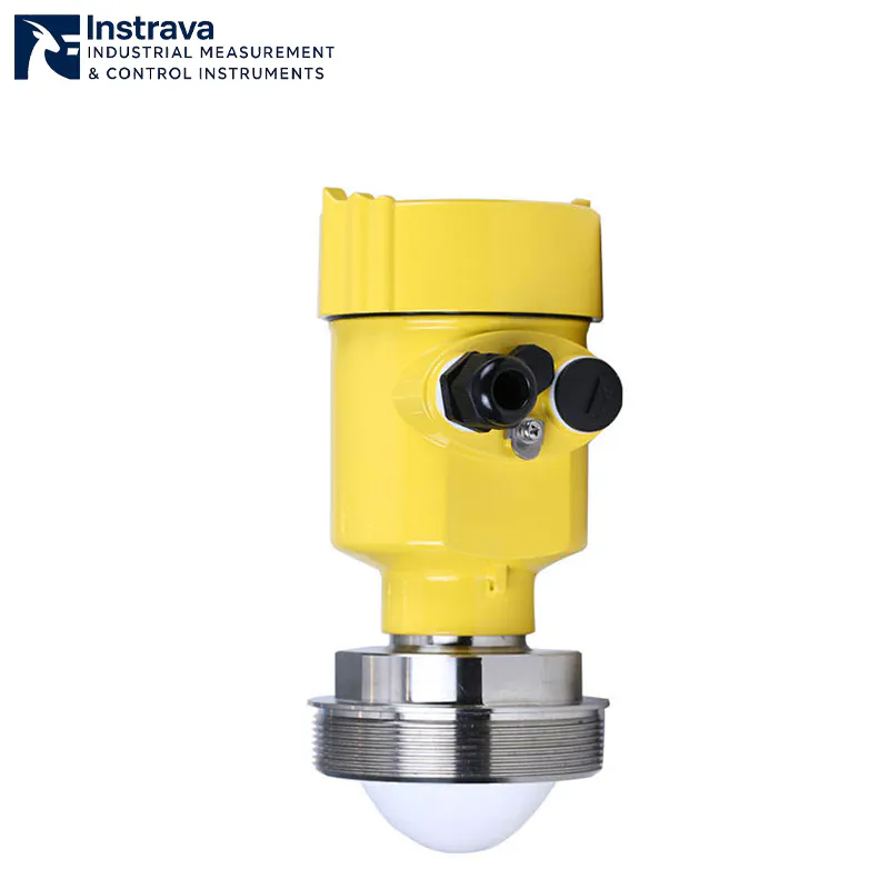 QTRD series yellow non-contact radar type level sensor with a stainless steel threaded interface and white protective dome.