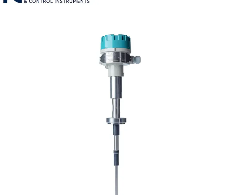 Product close-up of an RF admittance level switch featuring an anti-coating long probe design and a high-performance industrial transmitter header.