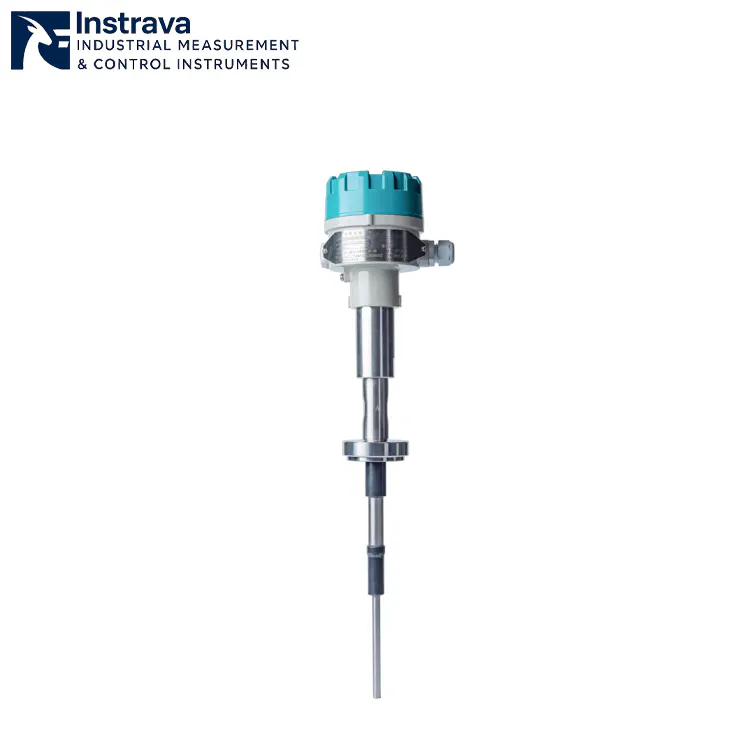 Product close-up of an RF admittance level switch featuring an anti-coating long probe design and a high-performance industrial transmitter header.