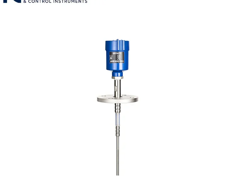 Flanged RF admittance level meter with long probe design, featuring a blue industrial transmitter header.
