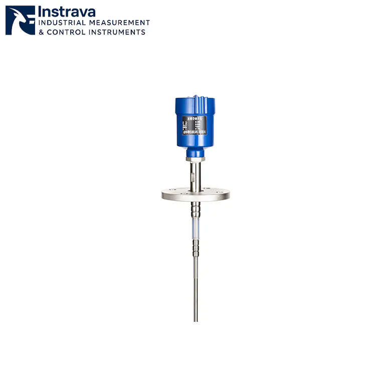Flanged RF admittance level meter with long probe design, featuring a blue industrial transmitter header.