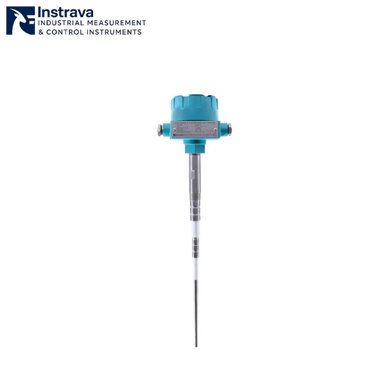RF admittance level switch probe with industrial probe-type design, used for precise point level monitoring of powders and granular materials.