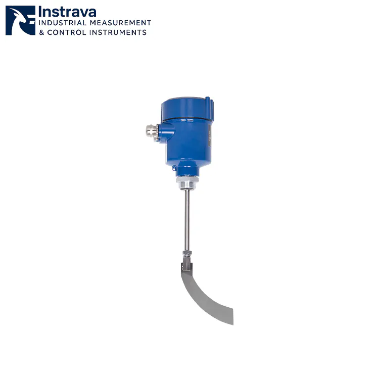 Long-shaft rotary level switch featuring a flexible rotating paddle and a high-performance blue protective header.