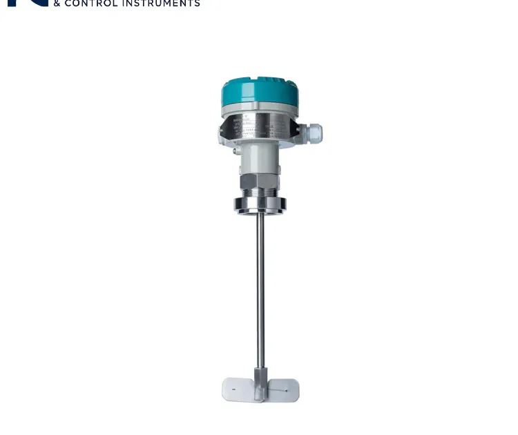 Industrial-grade rotary paddle level switch product shot featuring a stainless steel long shaft and dual-blade structure for high-precision point level detection.