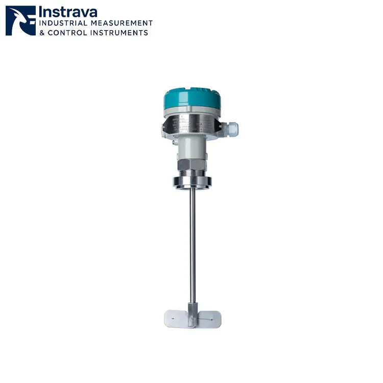 Industrial-grade rotary paddle level switch product shot featuring a stainless steel long shaft and dual-blade structure for high-precision point level detection.