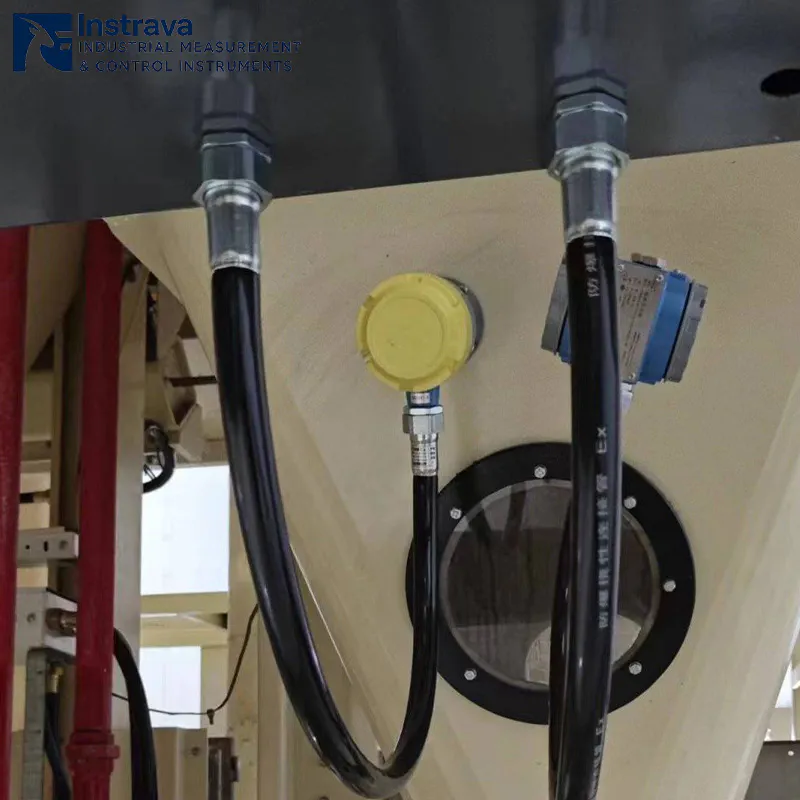 Real-world installation of a rotary paddle level switch on an industrial hopper, showcasing Instrava's level monitoring solution for bulk storage.