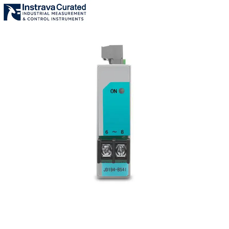 Front view of the single phase current transducer, featuring an ON status indicator LED and terminal blocks with transparent protective covers.