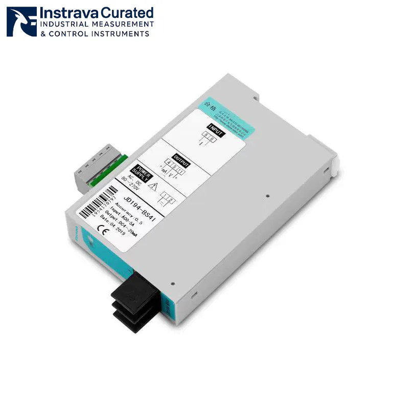 Perspective view of an industrial current transducer, showcasing a clear wiring schematic and definitions for Input, Output, and Power ports.