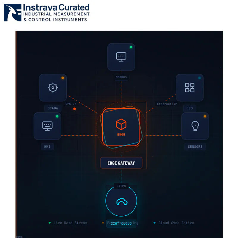 Smart factory Edge Gateway architecture diagram showing PLCs, SCADA, HMI, and sensors connected to the cloud via an Edge Gateway.