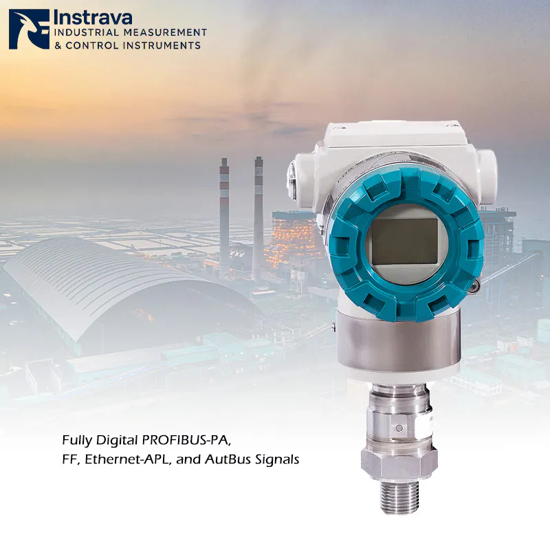 Smart pressure transmitter supporting HART, PROFIBUS-PA, and Ethernet-APL protocols, featuring an LCD display.