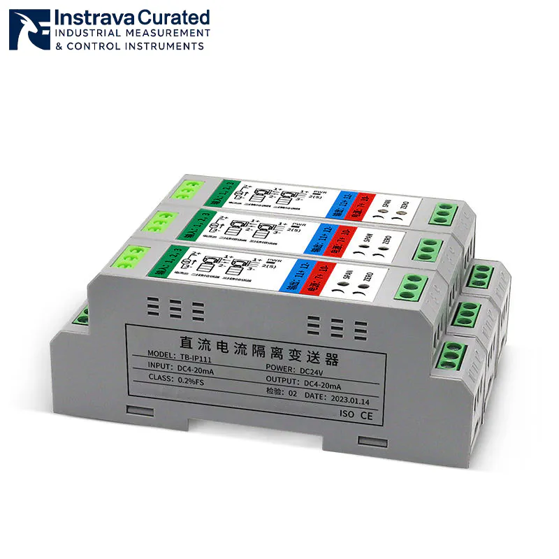 Detail view of batch-arranged DC current isolation transmitters, showcasing the technical parameters and CE certification labels of model TB-IP111.