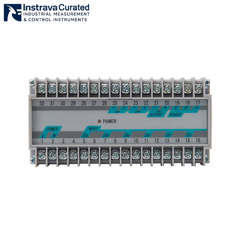 Top-perspective view of an industrial three-phase power transducer, showcasing green pluggable terminal blocks and a detailed wiring schematic.