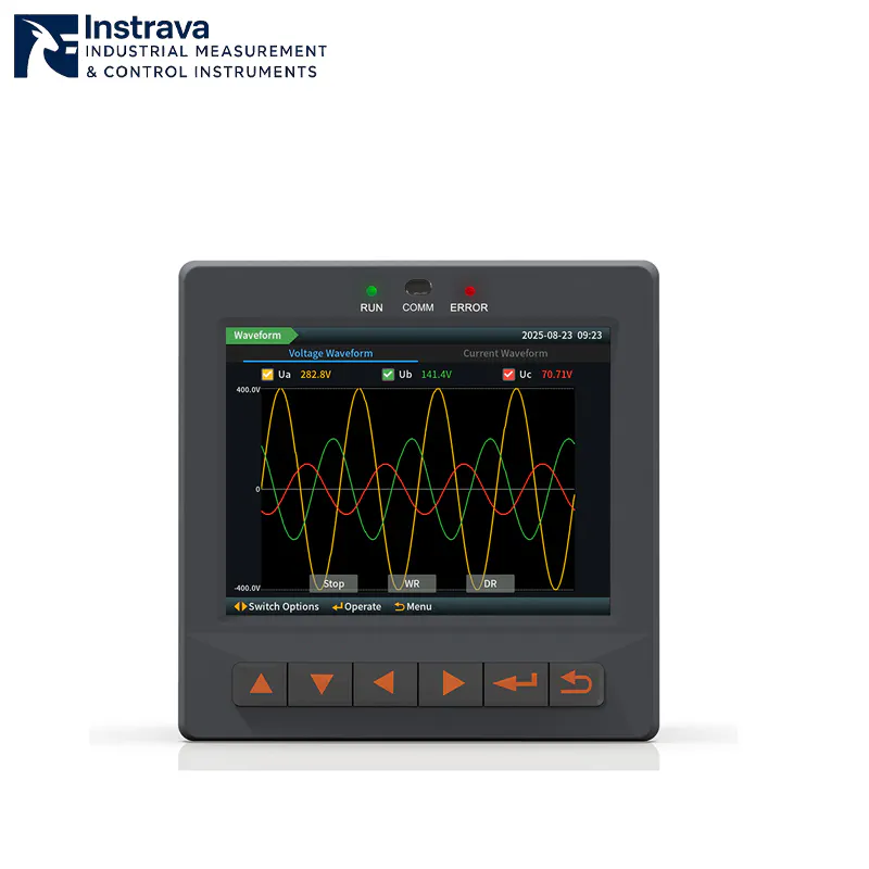 Three-phase power quality analyzer with real-time voltage waveform display and high-definition LCD screen.