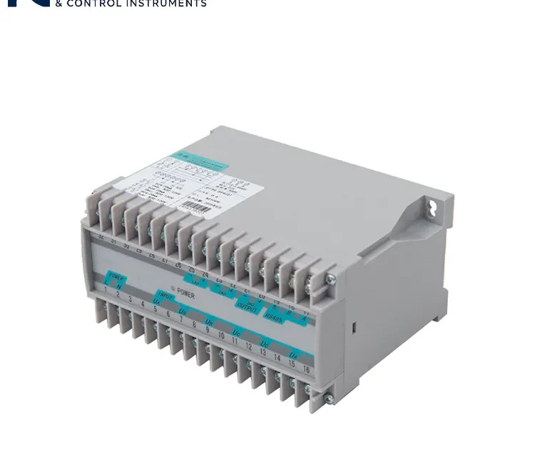 Front view of a three-phase four-wire power transmitter featuring a status indicator LED and an ultra-slim rail-mounted protective housing.