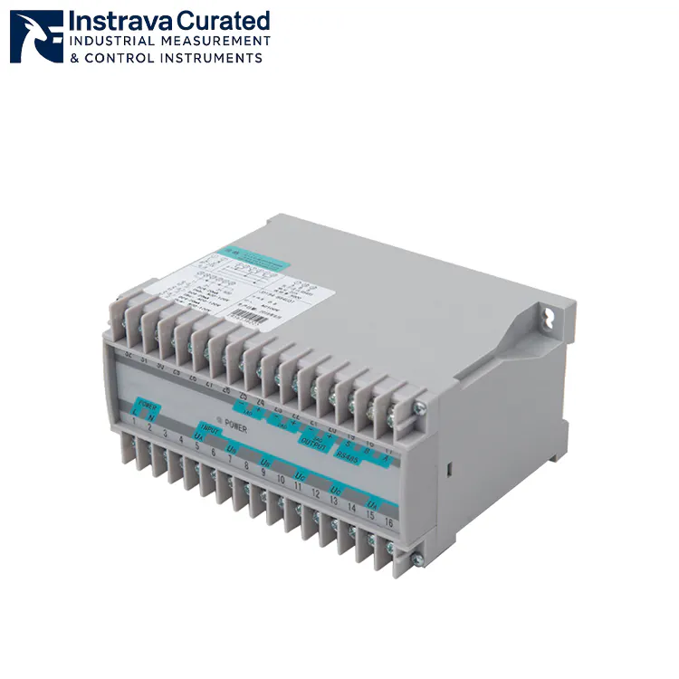 Front view of a three-phase four-wire power transmitter featuring a status indicator LED and an ultra-slim rail-mounted protective housing.