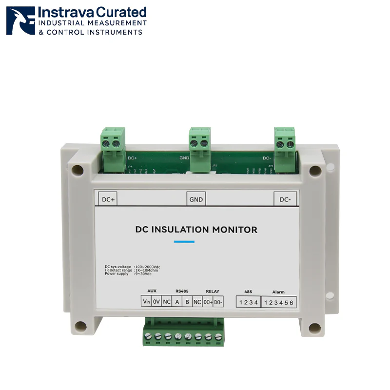 Front view of DC insulation monitoring device, showing terminal layout, key technical parameters and status indicators, for 100-2000V DC system insulation monitoring