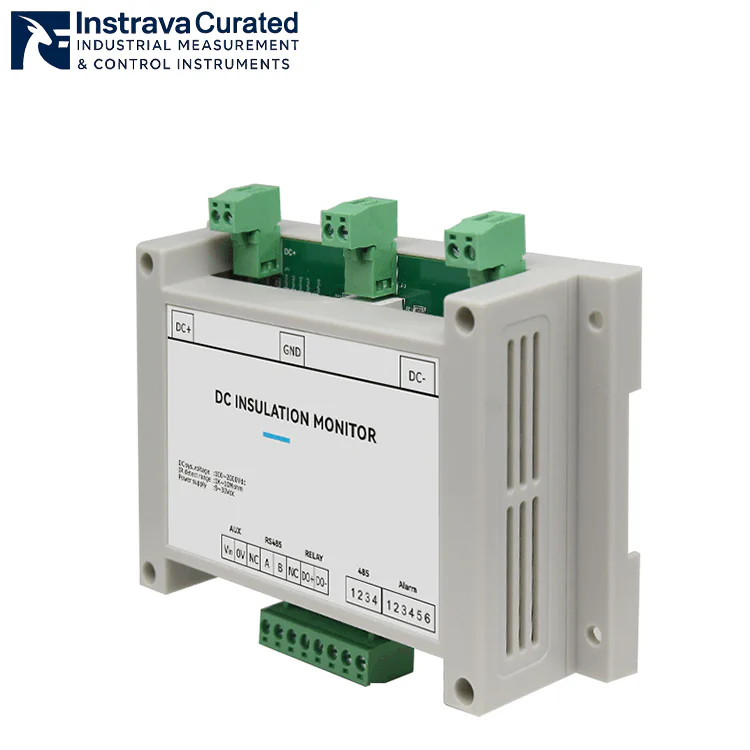 Angled view of DC insulation monitoring device, showing modular housing, heat dissipation slots and multi-terminal interfaces, supporting RS485 communication and relay alarm output