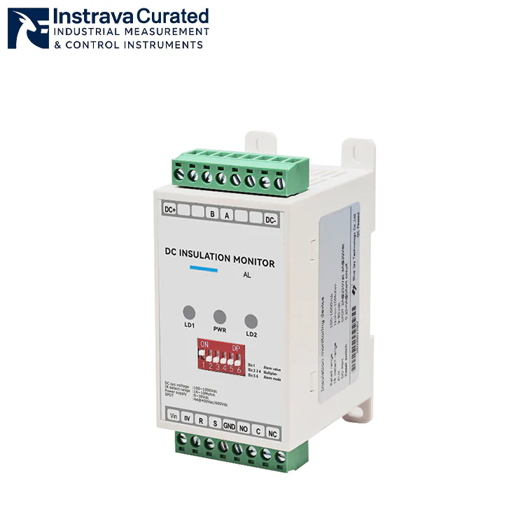 Angled view of DC insulation monitor, showing DIN-rail mounting holes, terminal blocks, DIP switch and side specification label, for industrial DC system insulation monitoring applications