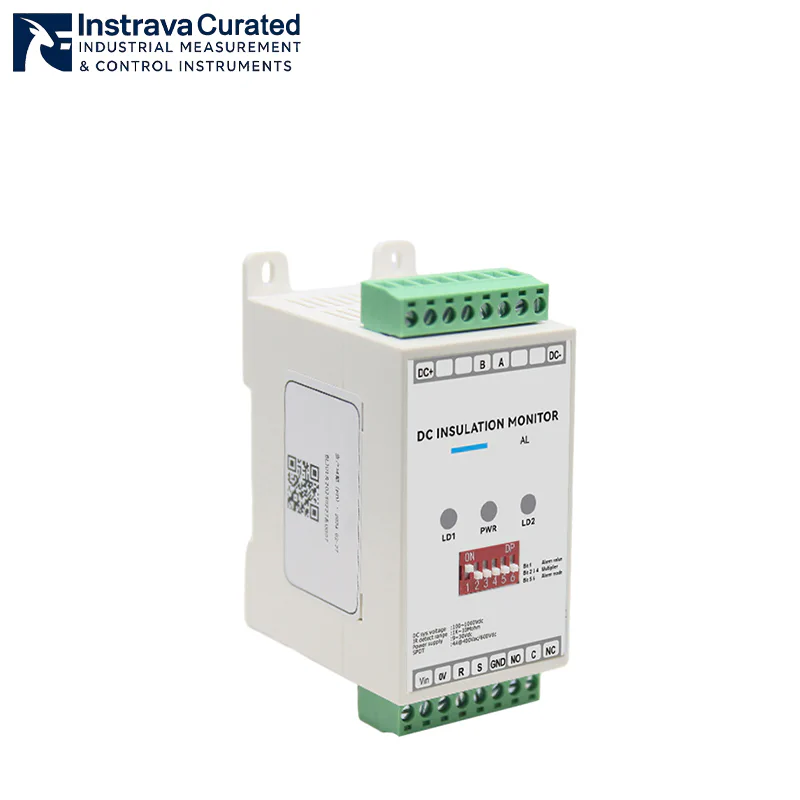 Side view of DC insulation monitor, showing DIN-rail mounted housing, upper and lower green terminal blocks and status indicators, for 100-1000V DC system insulation monitoring