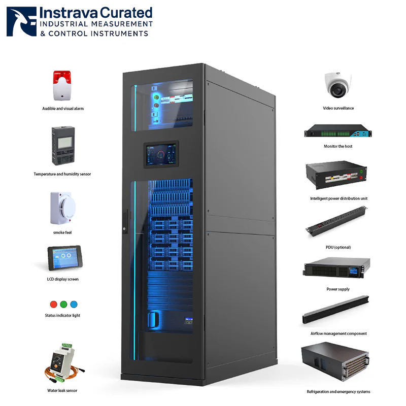Industrial intelligent cabinet system components diagram, showing the cabinet body and supporting intelligent modules such as monitoring, power supply, cooling and alarm