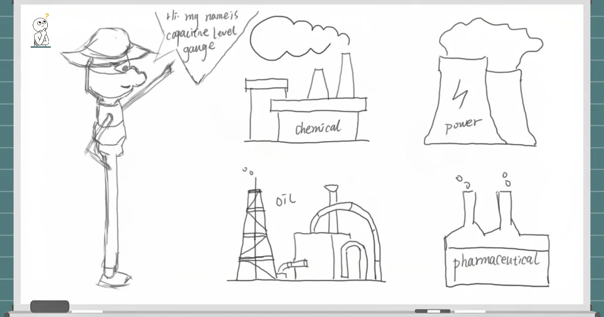 Whiteboard-style hand-drawn graphic showcasing the four major industrial applications for capacitive and RF admittance level gauges.