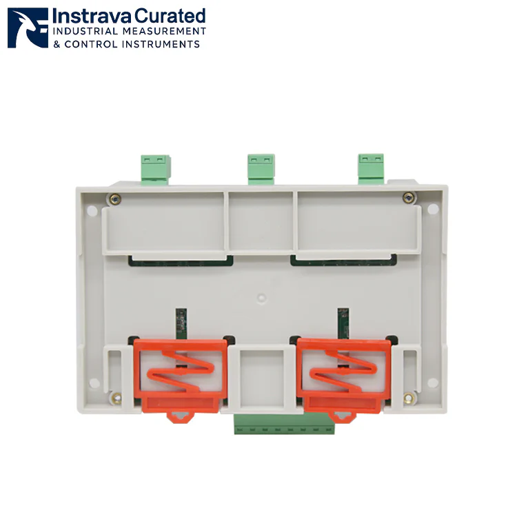 Rear view of DC insulation monitoring device, showing DIN-rail mounting clips and terminal back structure, supporting standard DIN rail installation