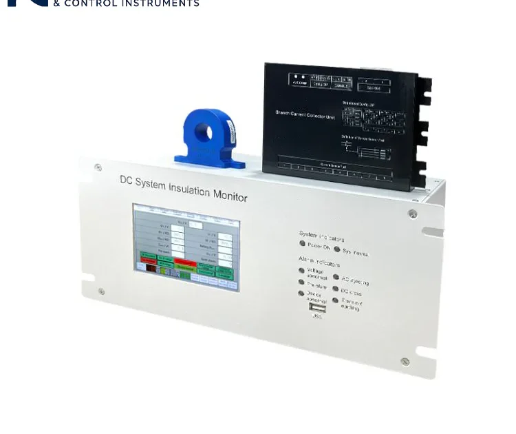 Side view of DC system insulation monitor with collector unit and current sensor, showing combined configuration of main unit, branch current collector unit and current sensor for industrial DC system insulation monitoring