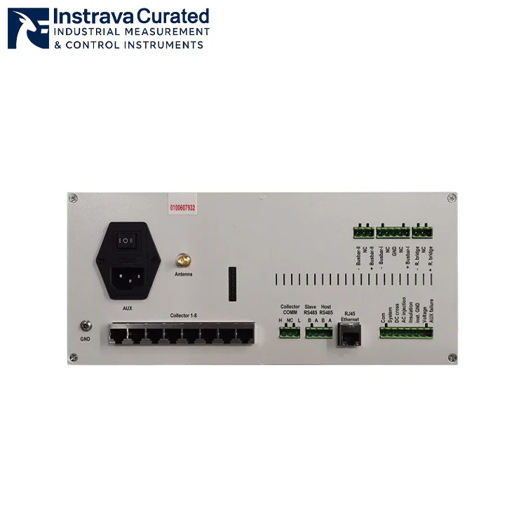 DC system insulation monitor main unit rear panel interface view, showing the layout of power, communication, collector unit and alarm output terminals