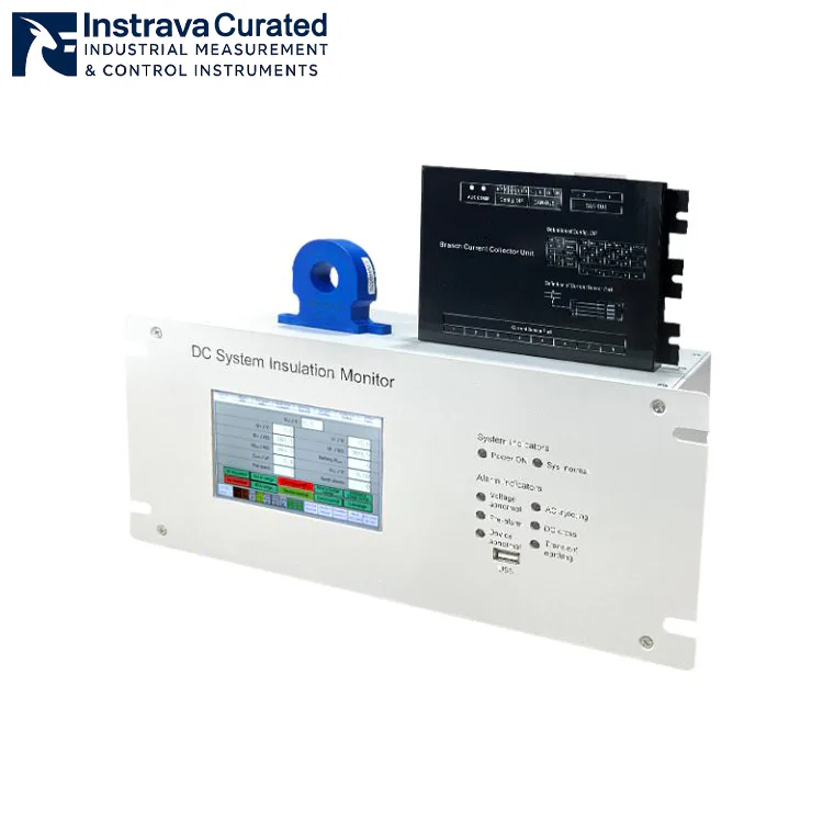 Side view of DC system insulation monitor with collector unit and current sensor, showing combined configuration of main unit, branch current collector unit and current sensor for industrial DC system insulation monitoring