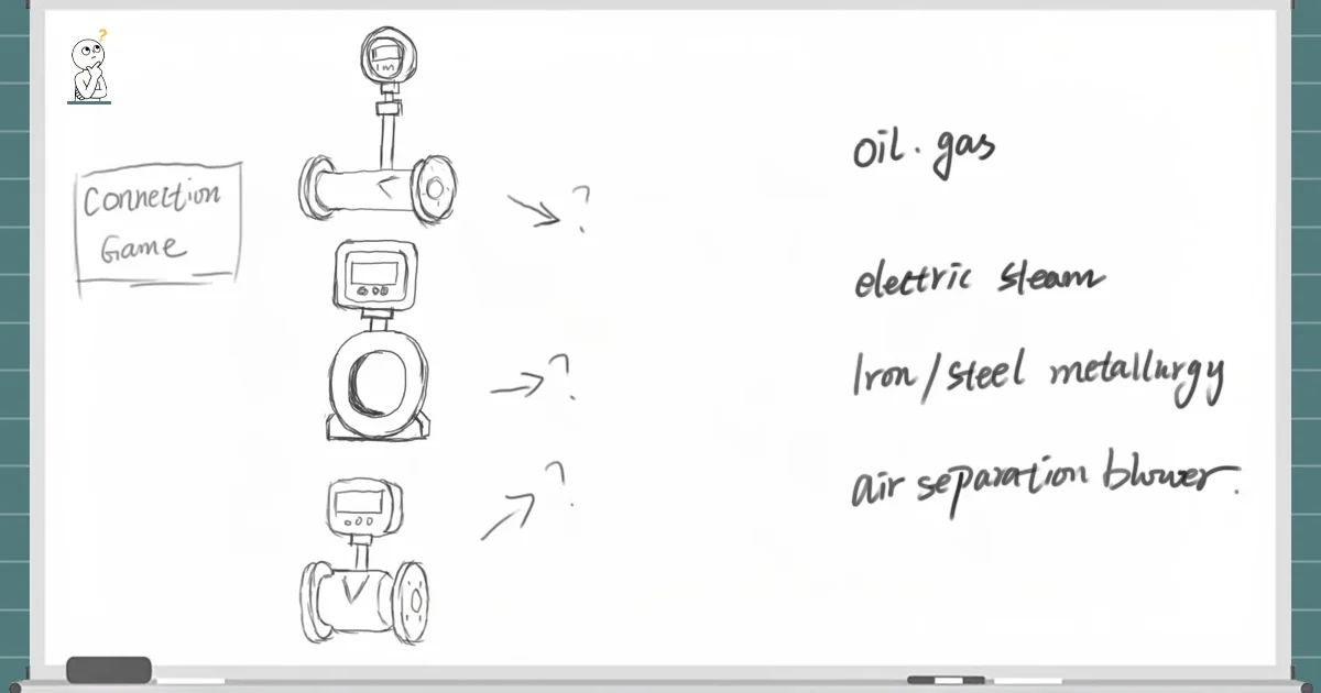 Whiteboard-style hand-drawn "Connection Game" matching differential pressure (DP) flow meter primary elements with their key industrial applications.