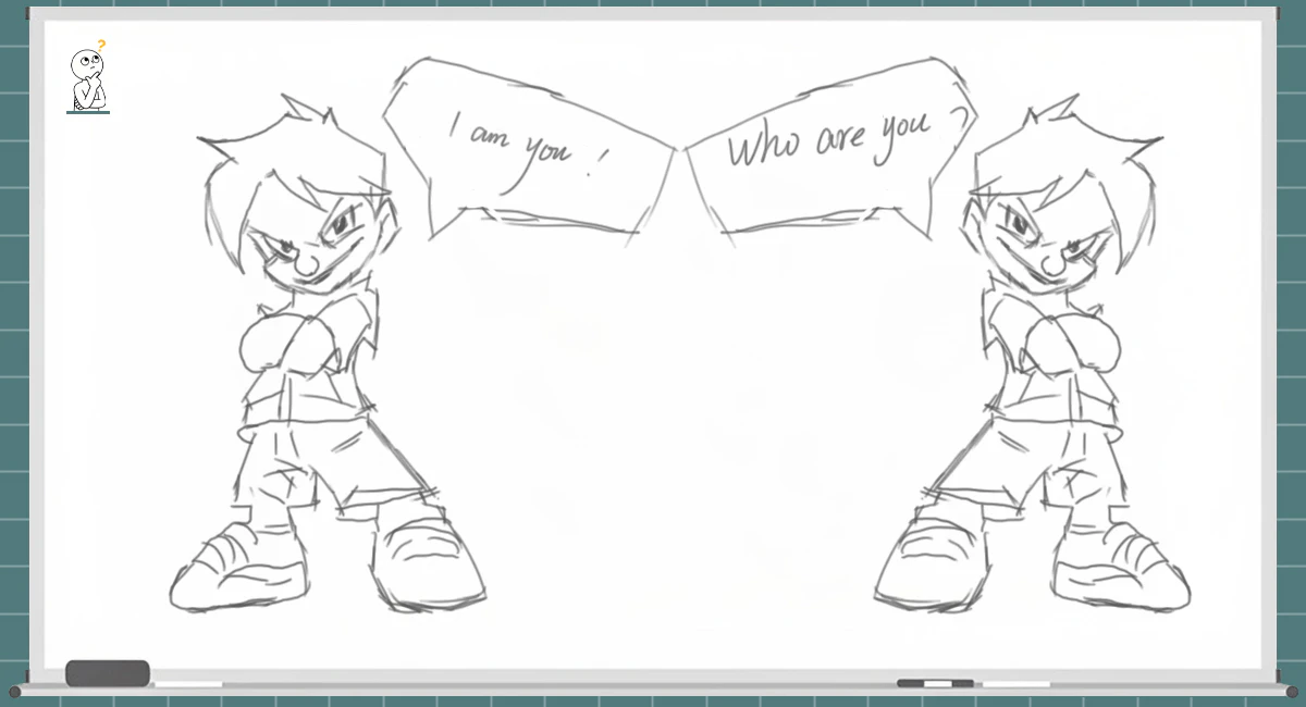 Whiteboard-style hand-drawn anime character dialogue illustrating the concept of Digital Twins in industrial automation.