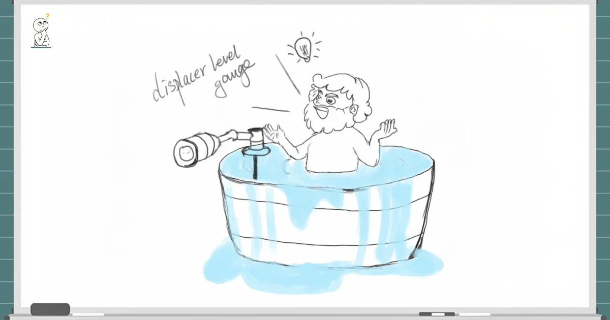 Whiteboard-style hand-drawn illustration linking Archimedes' principle with the measurement mechanics of a displacer liquid level gauge.