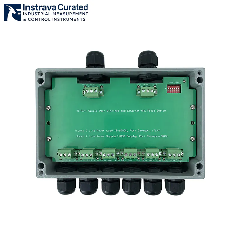 Internal PCB and terminal block layout of an 8-port Single Pair Ethernet (SPE) APL field switch.