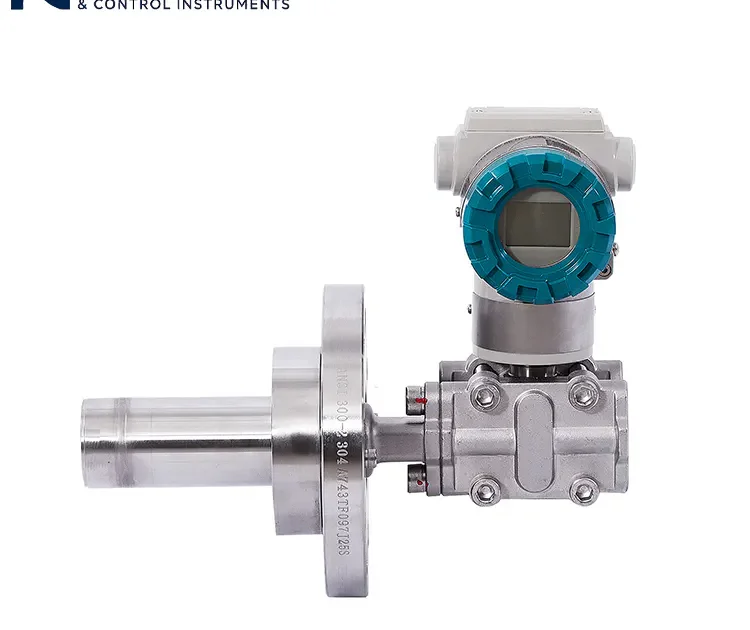 Front view of flange insertion type pressure transmitter, with 304 stainless steel insertion tube and flange connection, for industrial level/pressure measurement applications