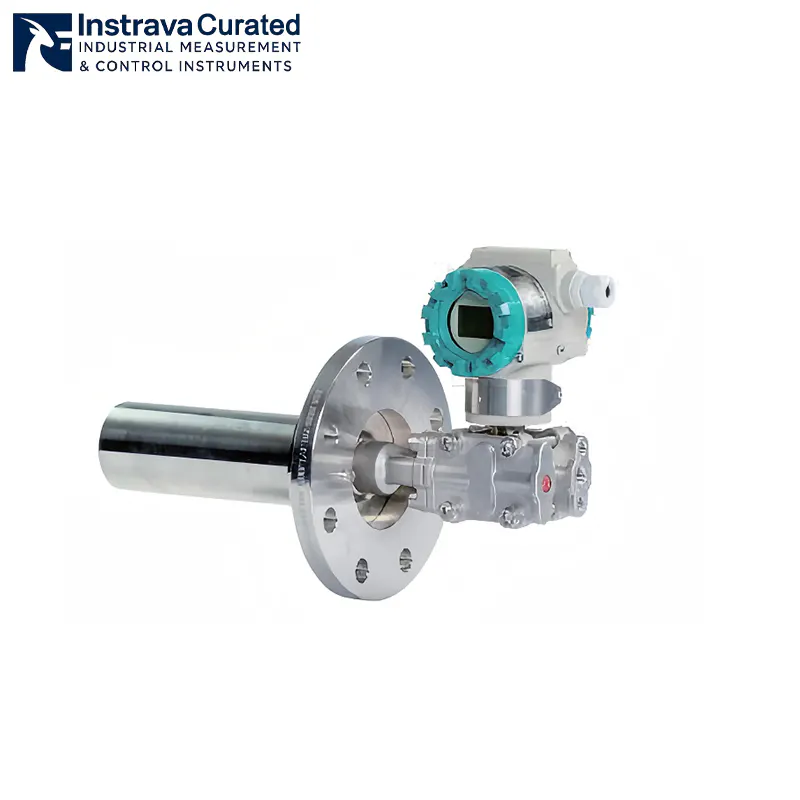 Side view of flange insertion type pressure transmitter, showing the overall structure of transmitter body, flange and insertion tube, for industrial process liquid level/pressure monitoring