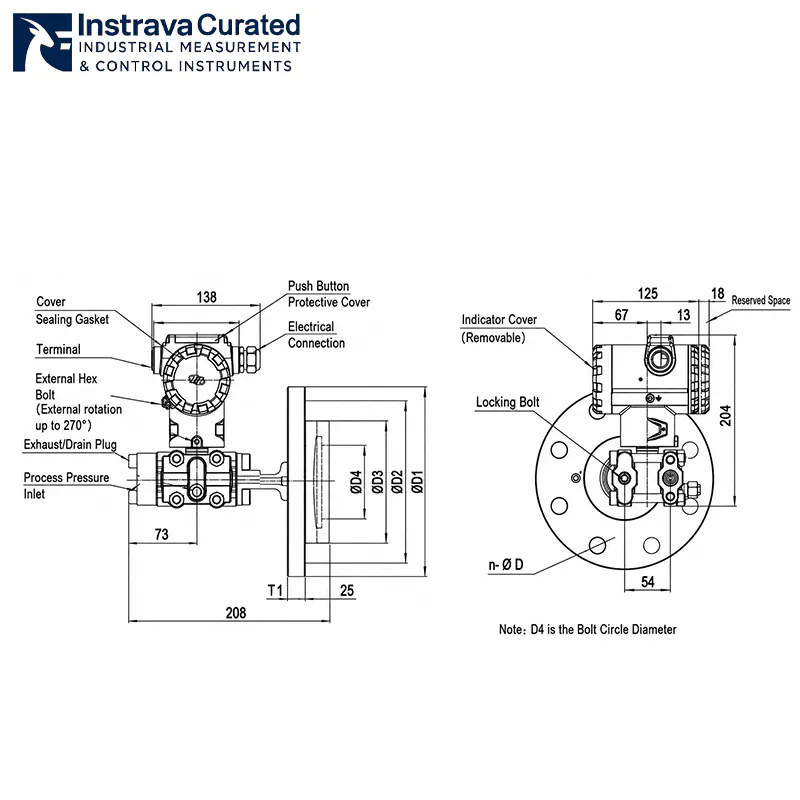 Dimension diagram of flange type pressure transmitter without insertion tube, marking flange installation dimensions and transmitter structural parameters, for industrial pressure transmitter installation reference