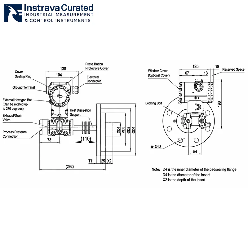 Dimension diagram of flange insertion type pressure transmitter with heat dissipation support, marking heat dissipation structure and installation dimensions, for high-temperature industrial medium pressure/level measurement applications