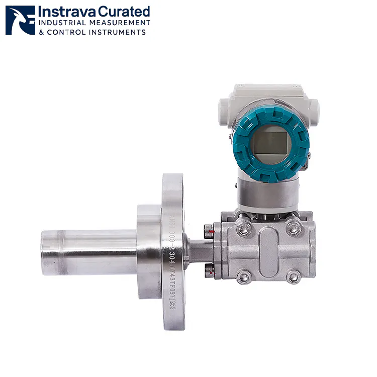 Front view of flange insertion type pressure transmitter, with 304 stainless steel insertion tube and flange connection, for industrial level/pressure measurement applications