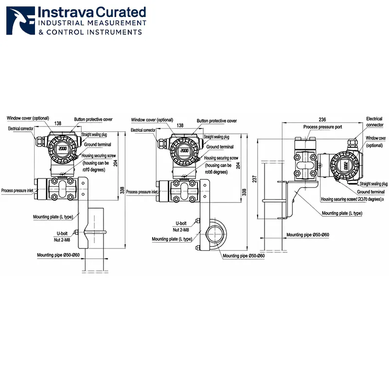 Pressure transmitter installation dimension diagram, showing L-bracket, pipe mounting and component dimension markings, for industrial pressure transmitter installation reference
