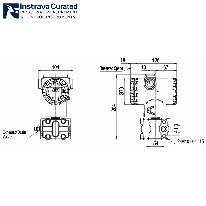 Pressure transmitter structural dimension diagram, showing front and side view dimensions, marking exhaust valve, mounting holes and reserved space, for industrial pressure transmitter structural design reference