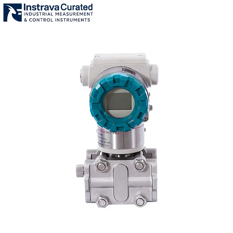 Front view of industrial pressure transmitter, with stainless steel measuring chamber and LCD display, for industrial process pressure monitoring