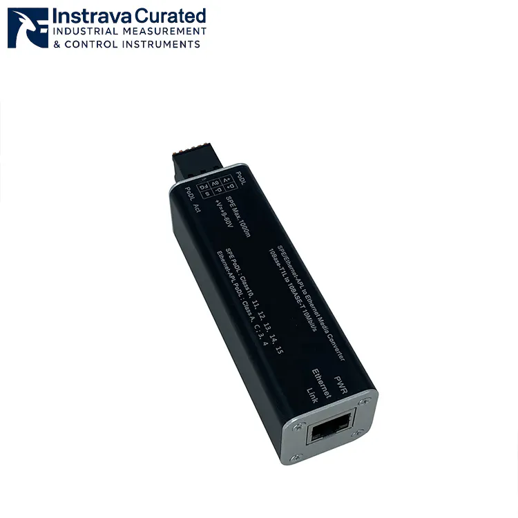 Interface details of an Ethernet-APL media converter equipped with a standard RJ45 port.