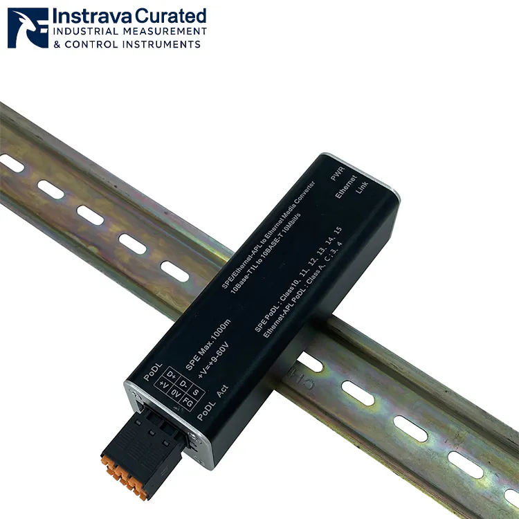 Ethernet-APL to standard Ethernet universal media converter mounted on a DIN rail.