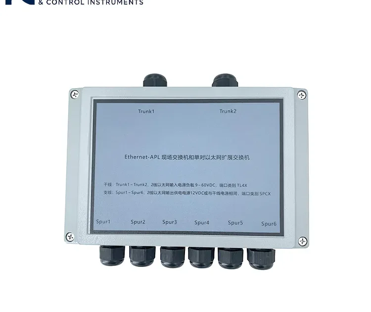 Front cover of an Ethernet-APL field switch (no auxiliary power) with technical specifications.