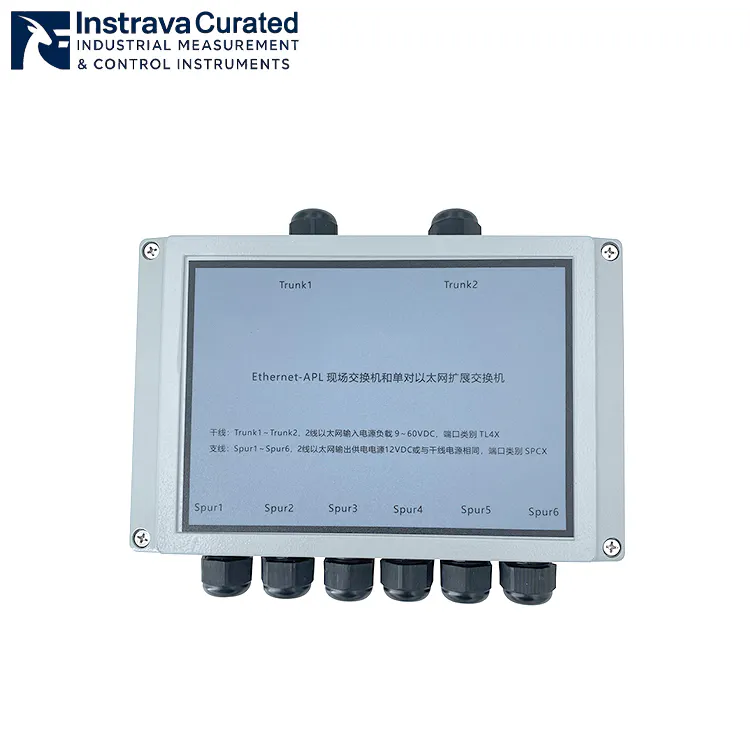 Front cover of an Ethernet-APL field switch (no auxiliary power) with technical specifications.